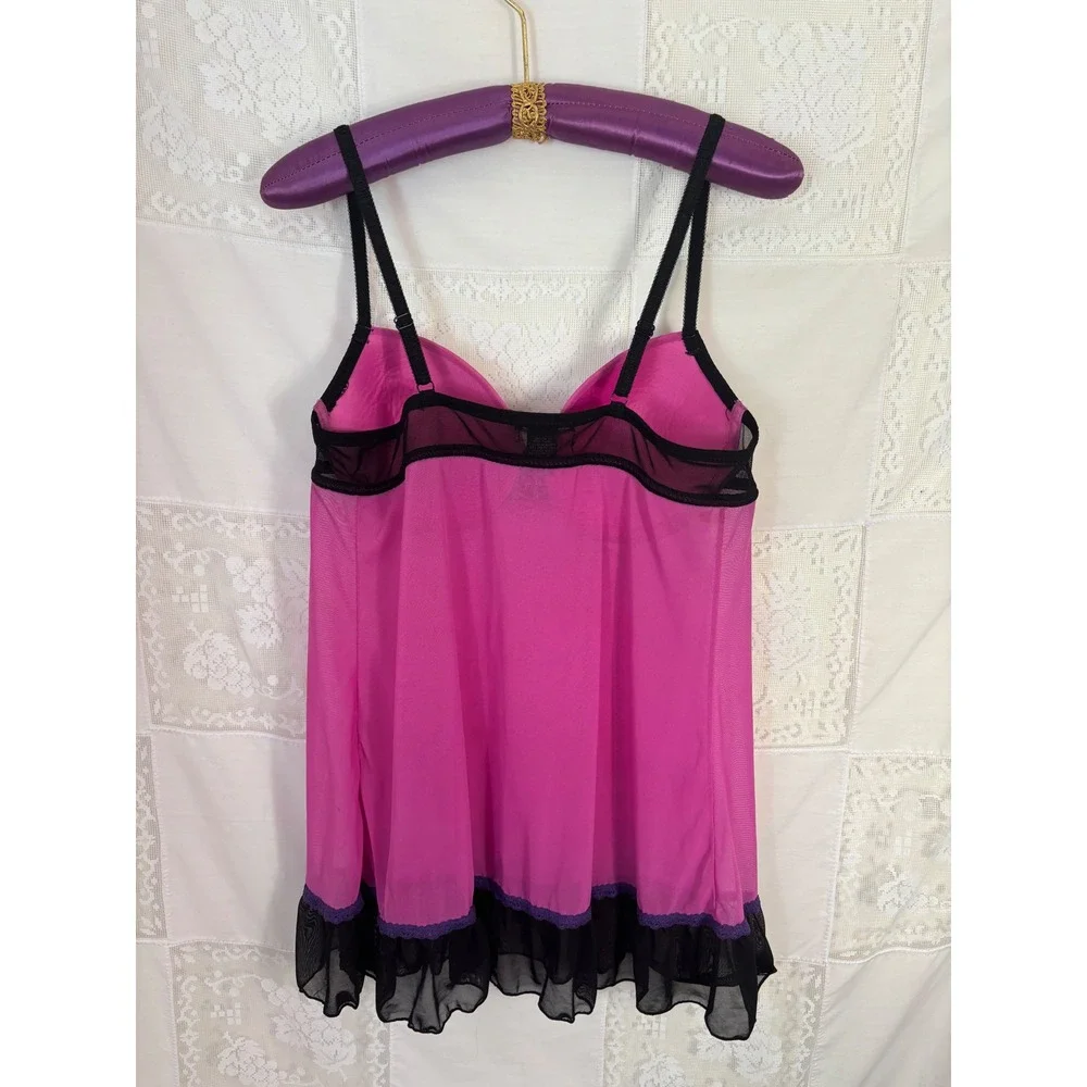 Y2K Pink+Black+Purple‎ Floral Embroidered Coquette Sheer Mesh Chemise Size XL